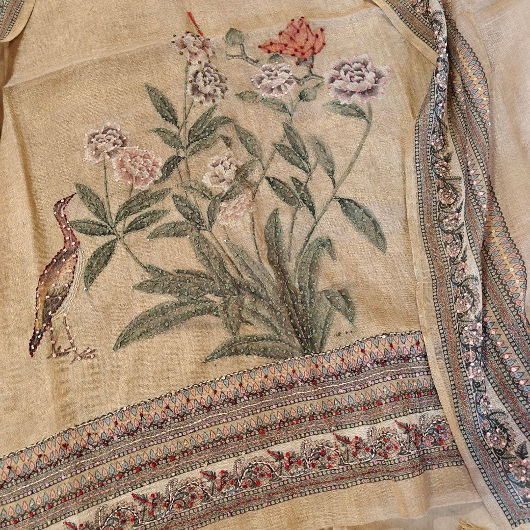 Bird motif Beige Linen shimmer dress material with Knot work