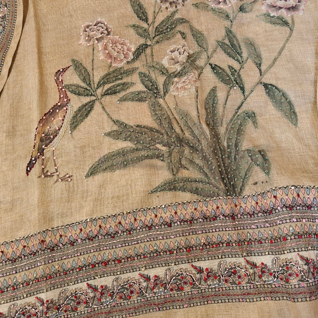 Bird motif Beige Linen shimmer dress material with Knot work