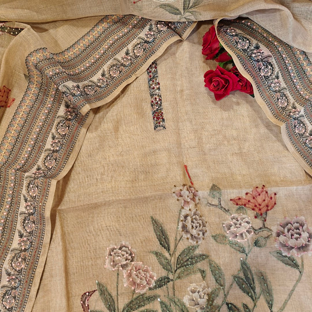 Bird motif Beige Linen shimmer dress material with Knot work