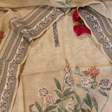 Bird motif Beige Linen shimmer dress material with Knot work