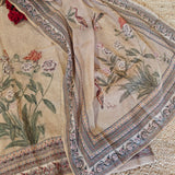 Bird motif Beige Linen shimmer dress material with Knot work