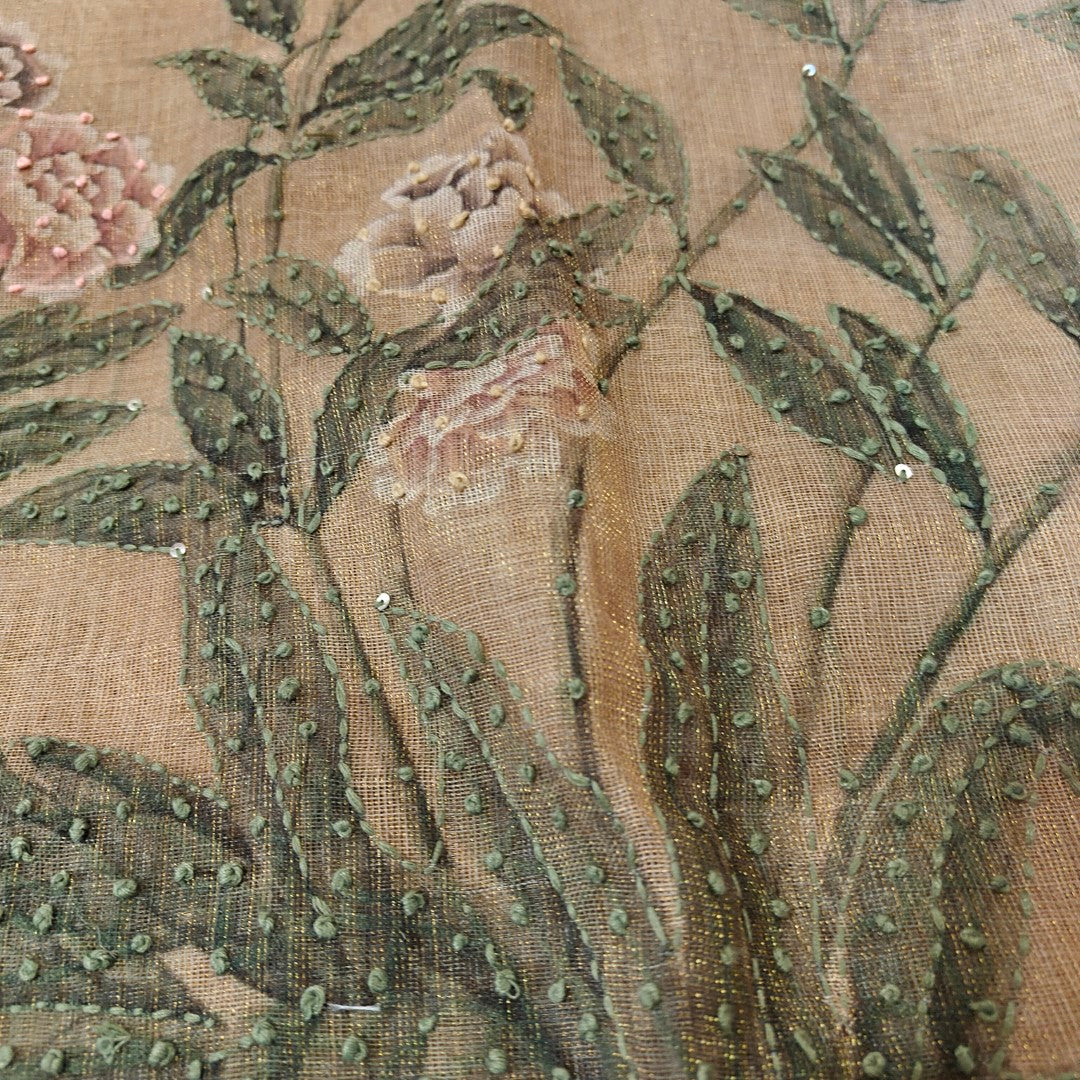 Bird motif Beige Linen shimmer dress material with Knot work