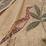 Bird motif Beige Linen shimmer dress material with Knot work