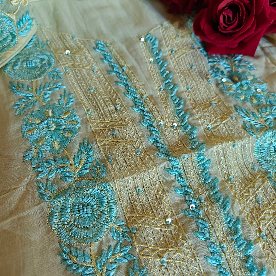 Mul Cotton light yellow with blue embroidery Cotton Suit