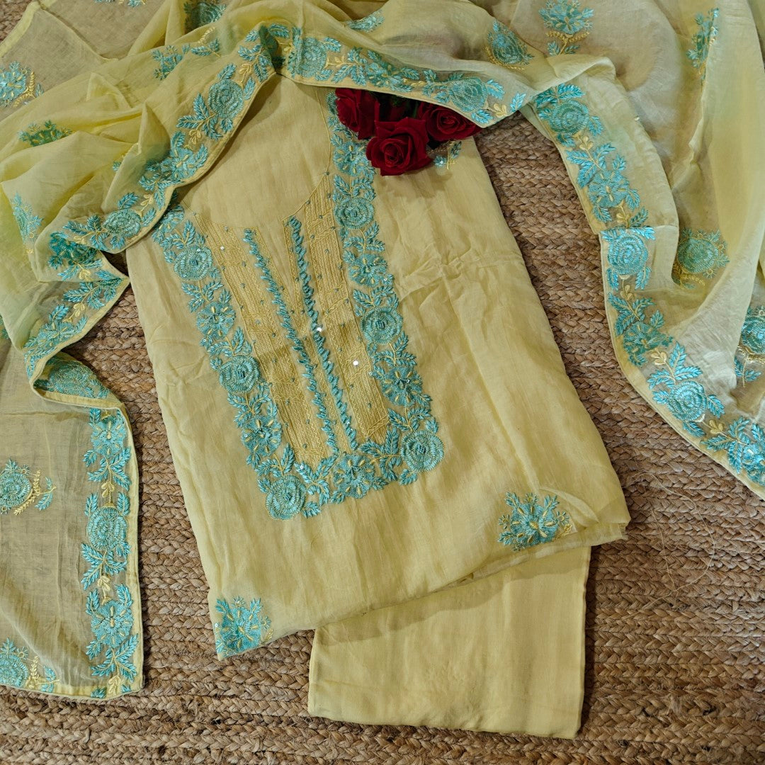 Mul Cotton light yellow with blue embroidery Cotton Suit