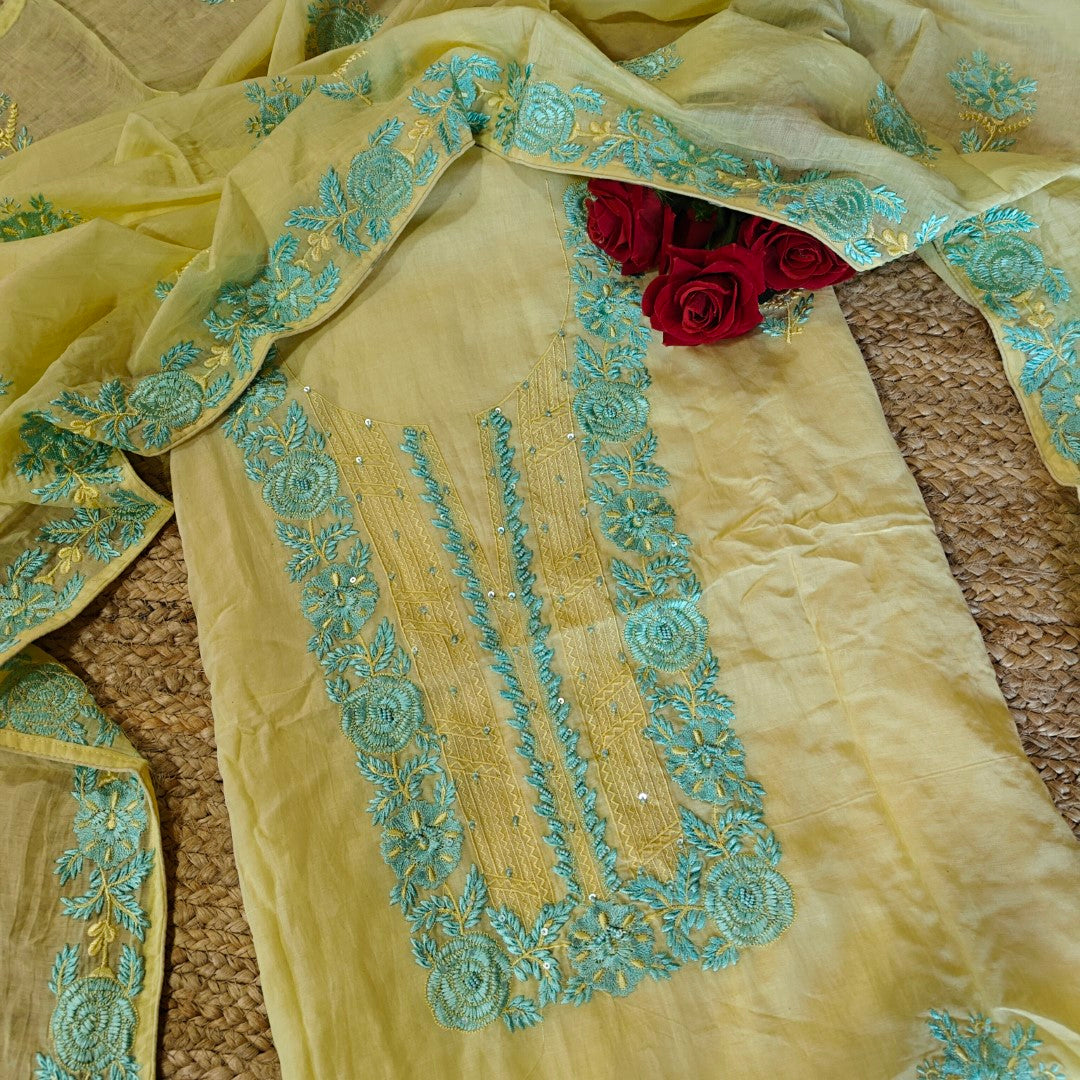 Mul Cotton light yellow with blue embroidery Cotton Suit