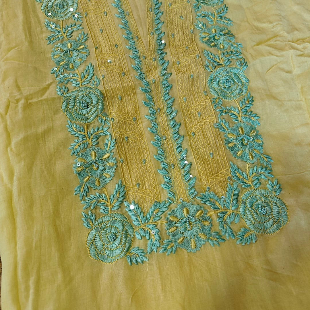 Mul Cotton light yellow with blue embroidery Cotton Suit