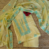 Mul Cotton light yellow with blue embroidery Cotton Suit