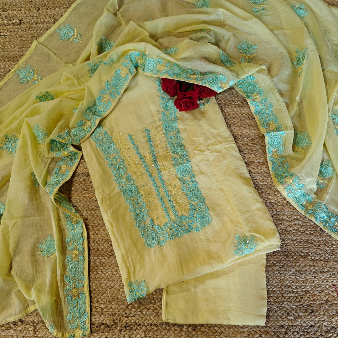 Mul Cotton light yellow with blue embroidery Cotton Suit