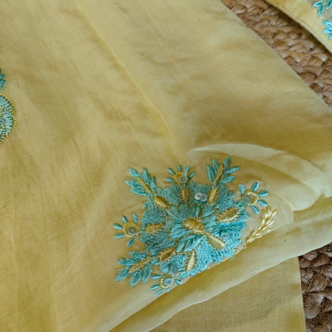 Mul Cotton light yellow with blue embroidery Cotton Suit
