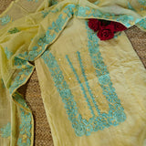 Mul Cotton light yellow with blue embroidery Cotton Suit