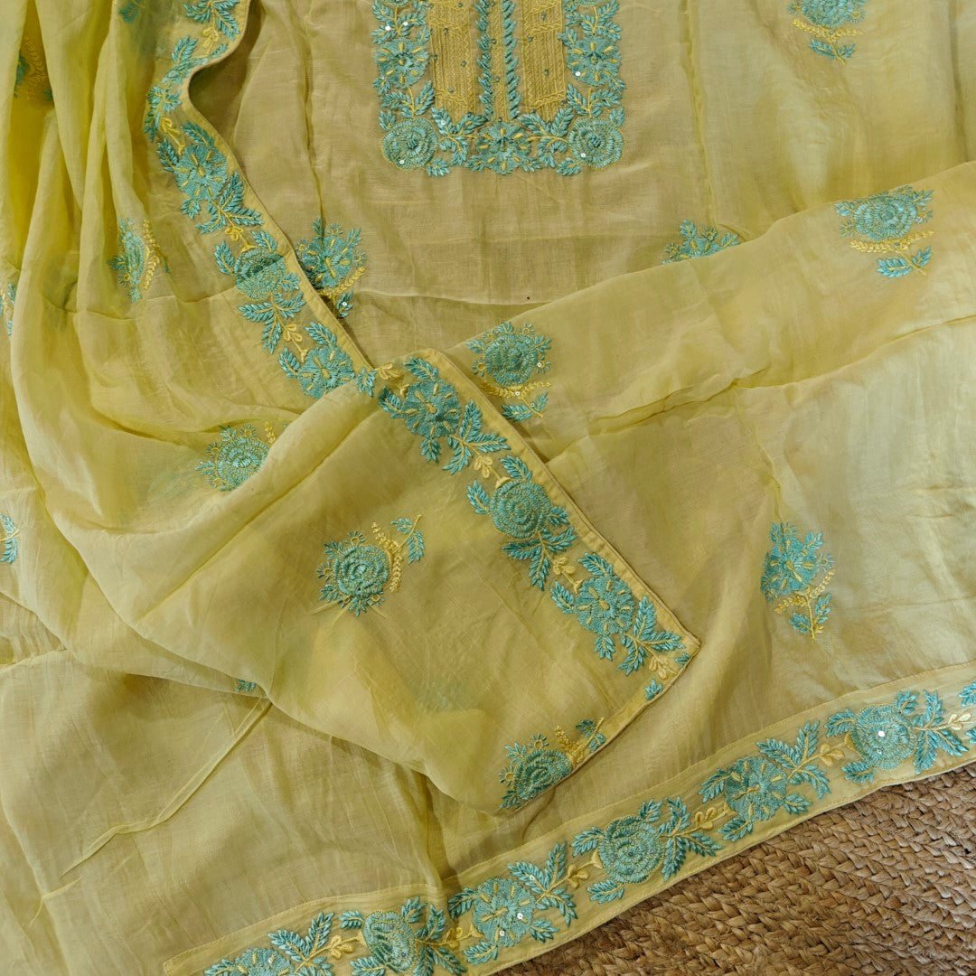 Mul Cotton light yellow with blue embroidery Cotton Suit