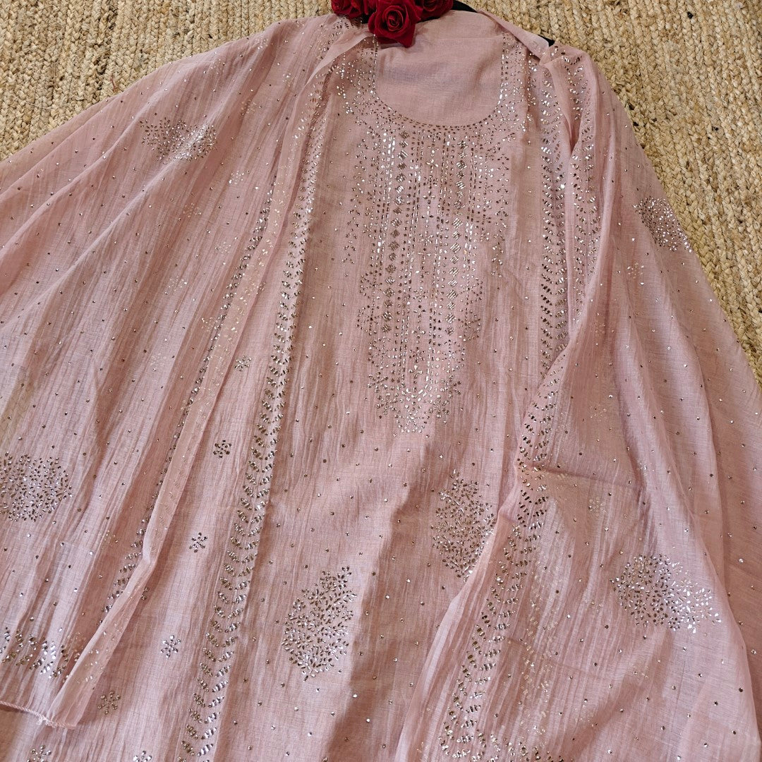 Pink Mul Chanderi dress material with  Pasted mukaish work