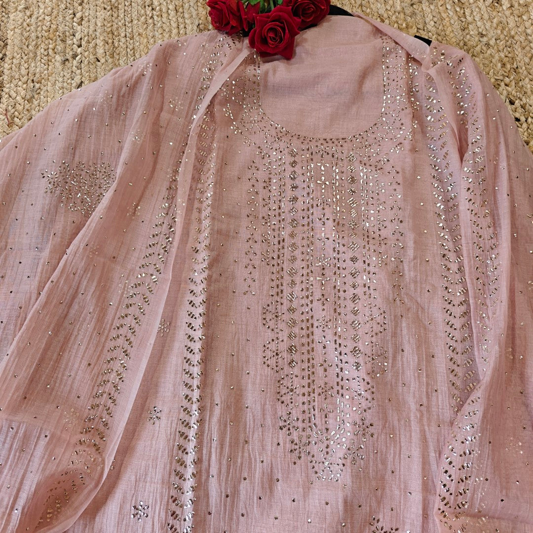 Pink Mul Chanderi dress material with  Pasted mukaish work