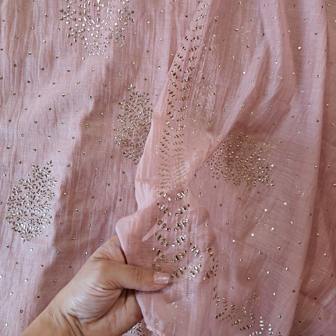 Pink Mul Chanderi dress material with  Pasted mukaish work