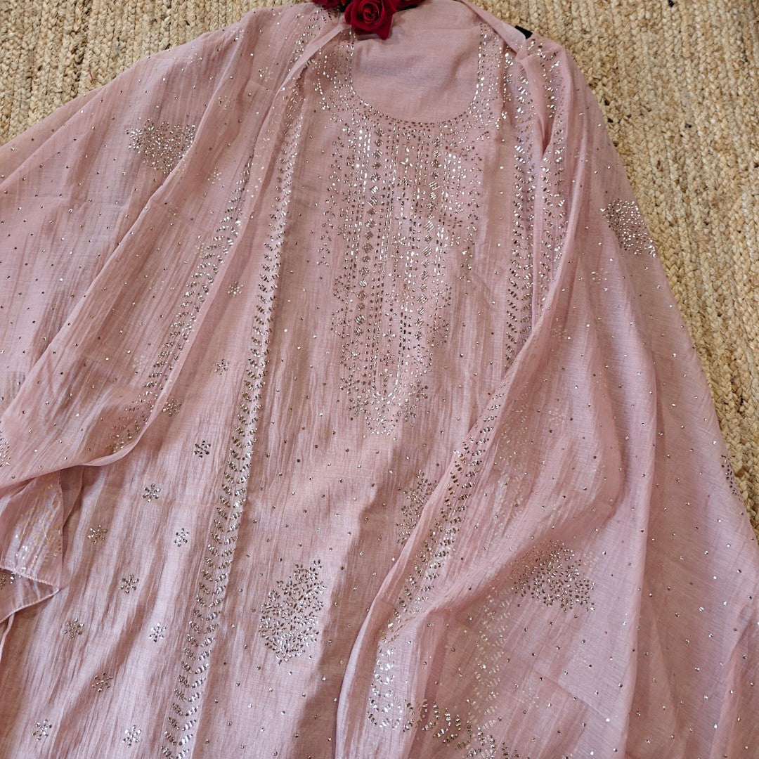 Pink Mul Chanderi dress material with  Pasted mukaish work