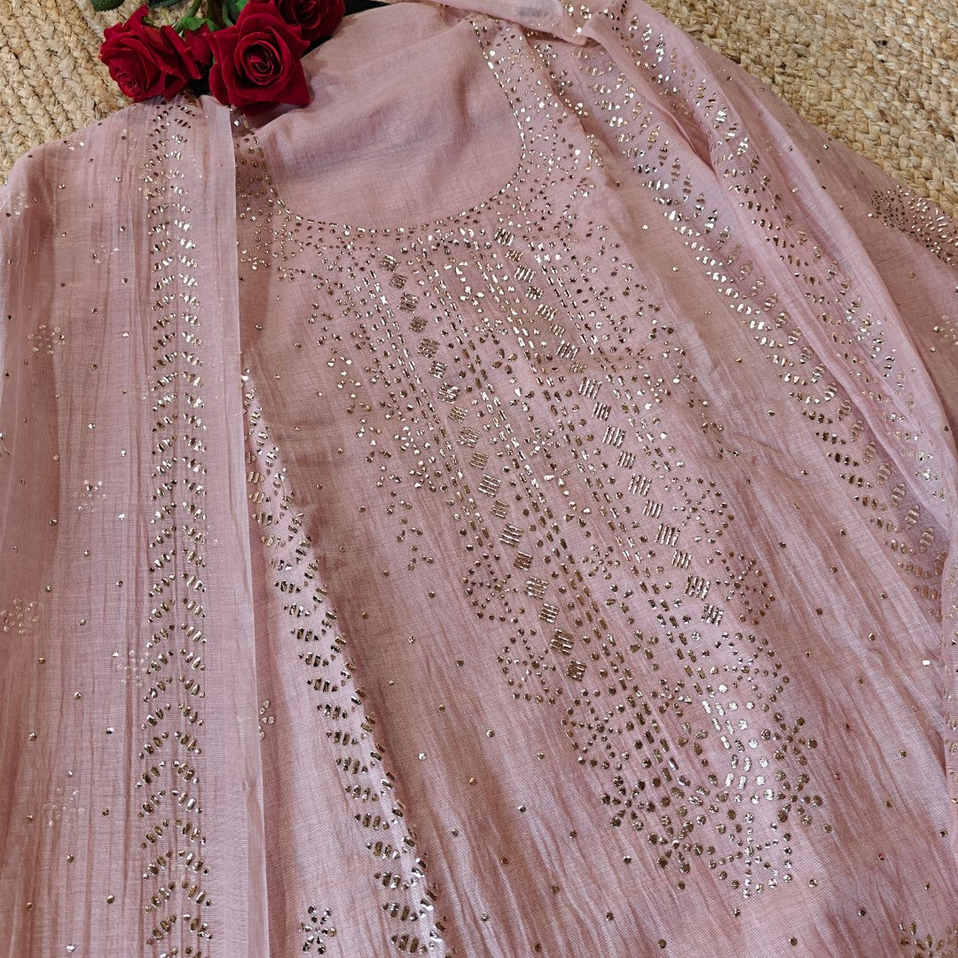 Pink Mul Chanderi dress material with  Pasted mukaish work