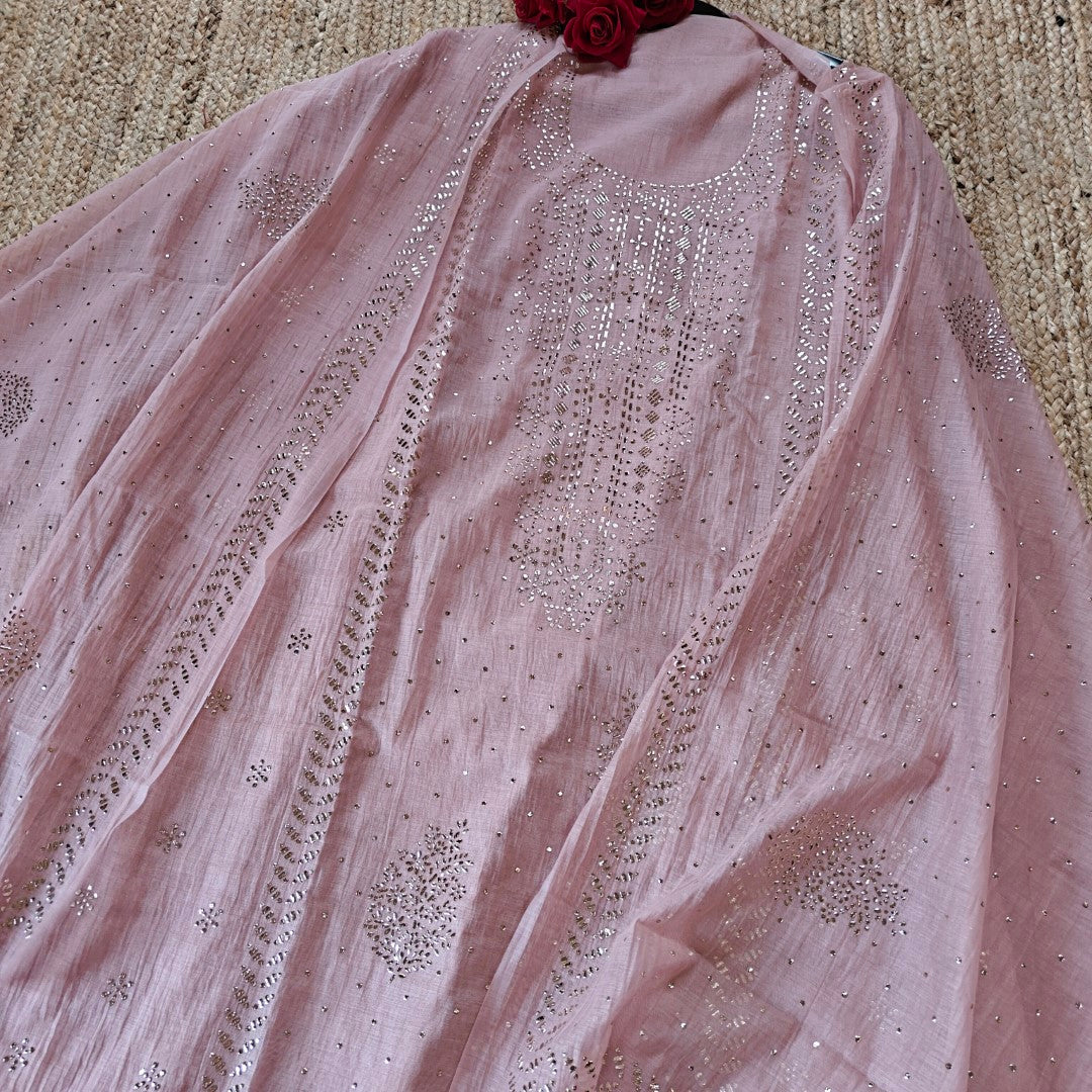 Pink Mul Chanderi dress material with  Pasted mukaish work