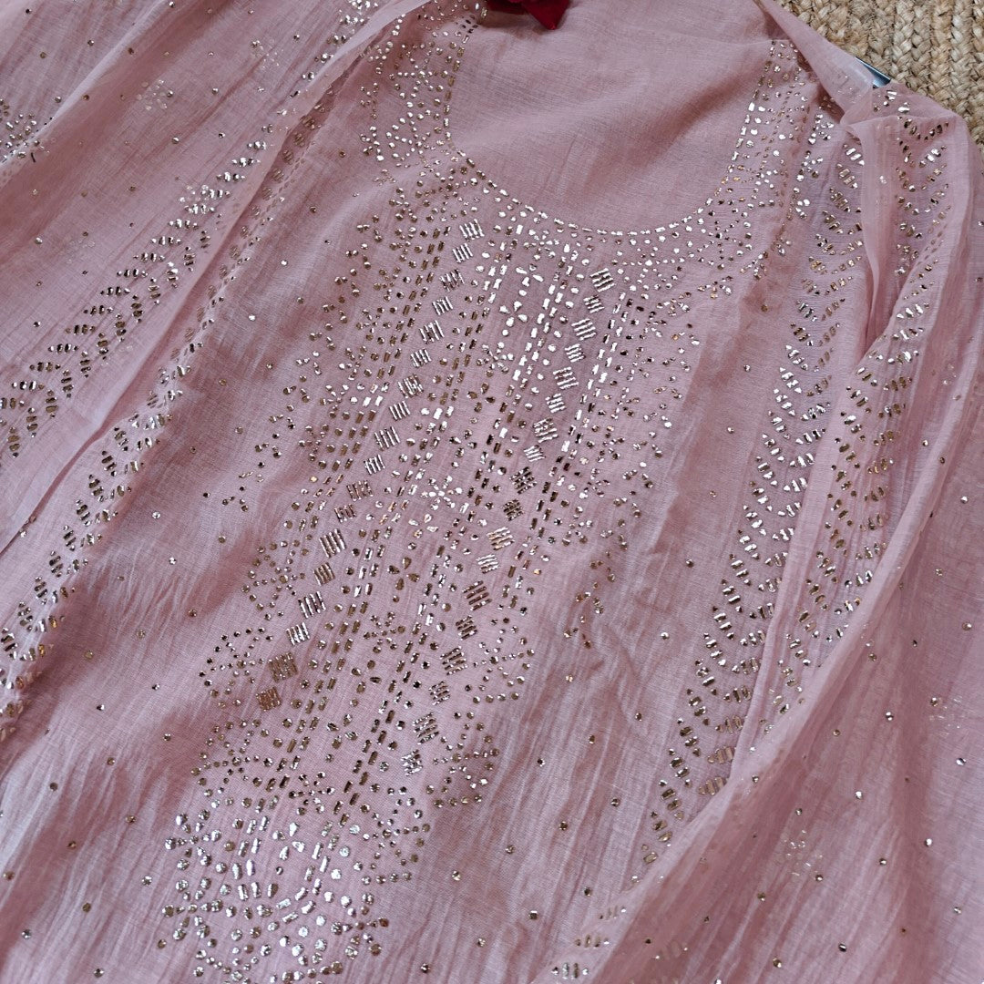 Pink Mul Chanderi dress material with  Pasted mukaish work