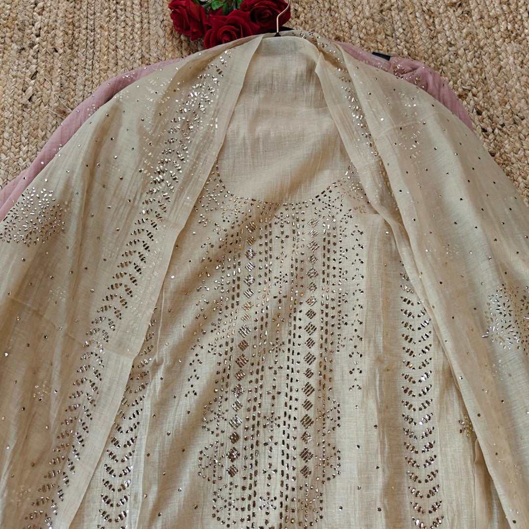 Beige Mul Chanderi dress material with  Pasted mukaish work