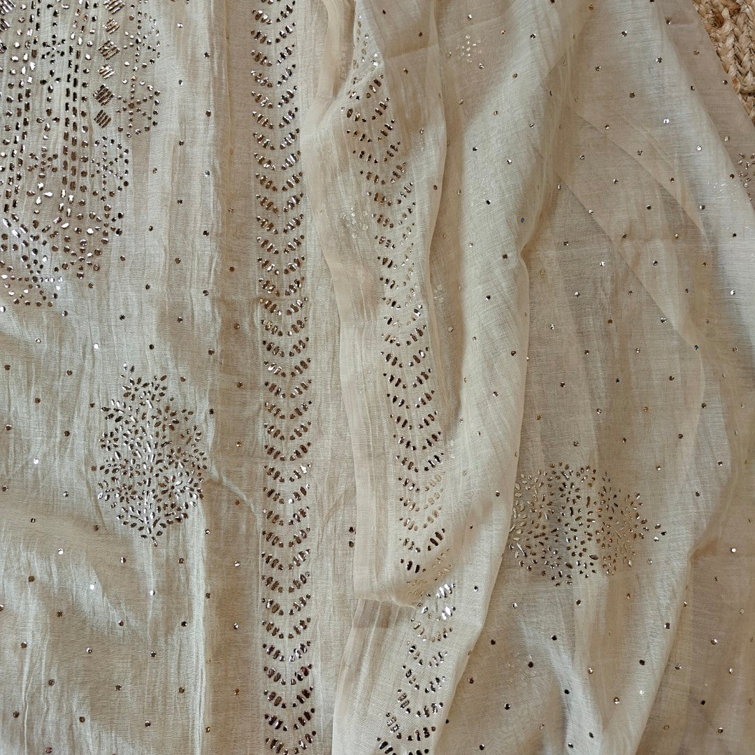 Beige Mul Chanderi dress material with  Pasted mukaish work
