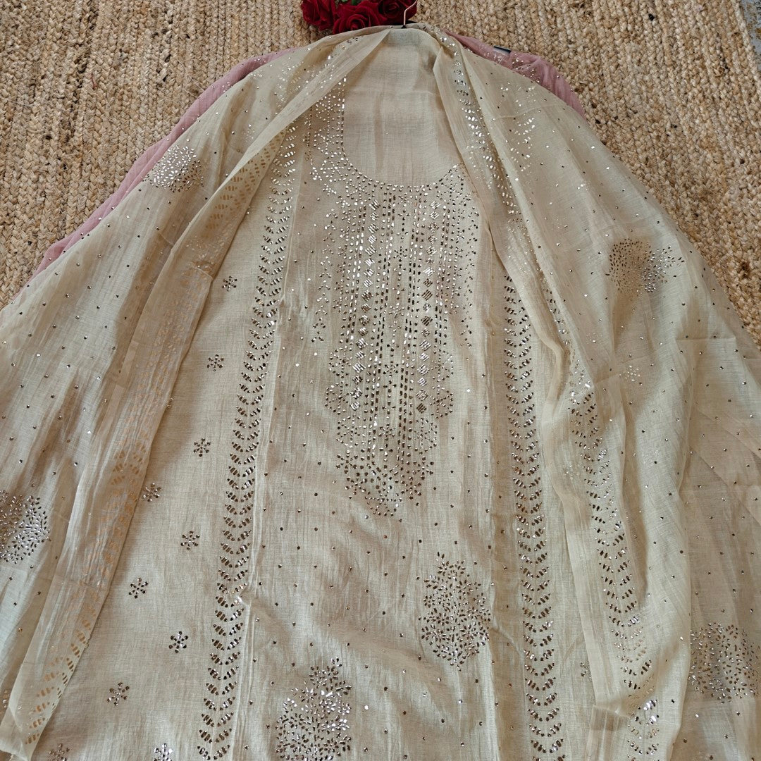 Beige Mul Chanderi dress material with  Pasted mukaish work