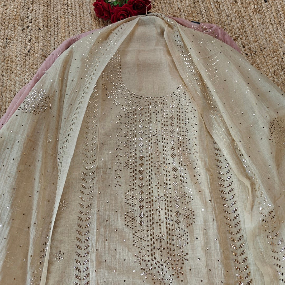 Beige Mul Chanderi dress material with  Pasted mukaish work