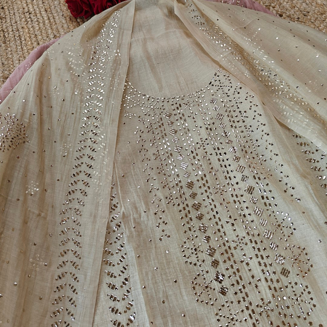 Beige Mul Chanderi dress material with  Pasted mukaish work