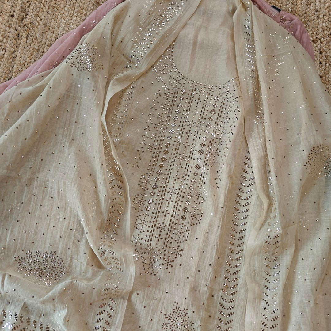 Beige Mul Chanderi dress material with  Pasted mukaish work
