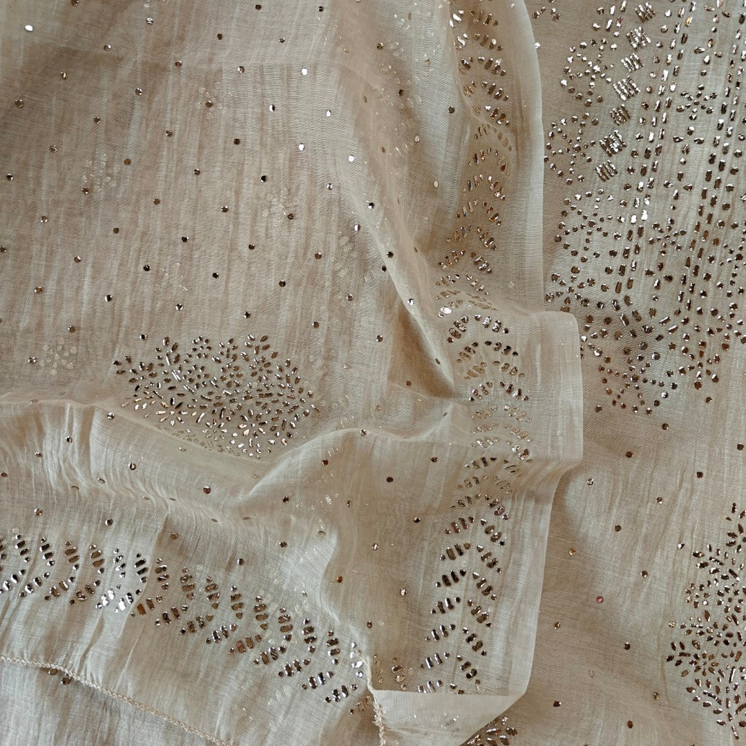 Beige Mul Chanderi dress material with  Pasted mukaish work