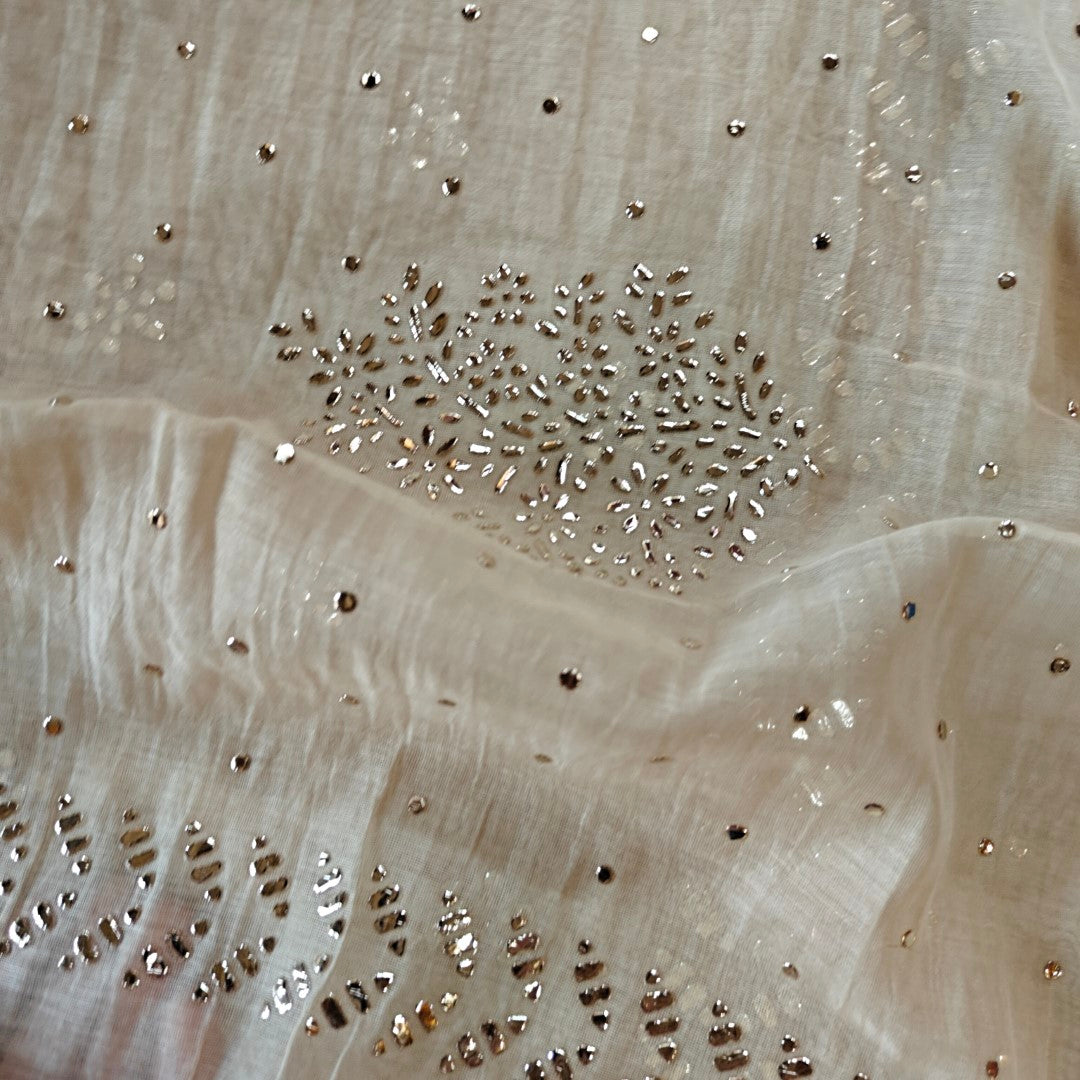 Beige Mul Chanderi dress material with  Pasted mukaish work