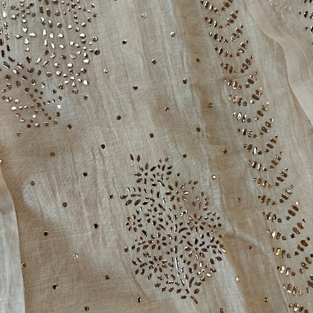 Beige Mul Chanderi dress material with  Pasted mukaish work