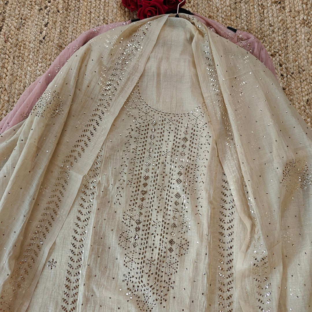 Beige Mul Chanderi dress material with  Pasted mukaish work
