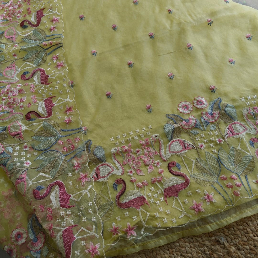 Yellow Organza colorful Flamingo embroidery Dress material Unstitched Suit