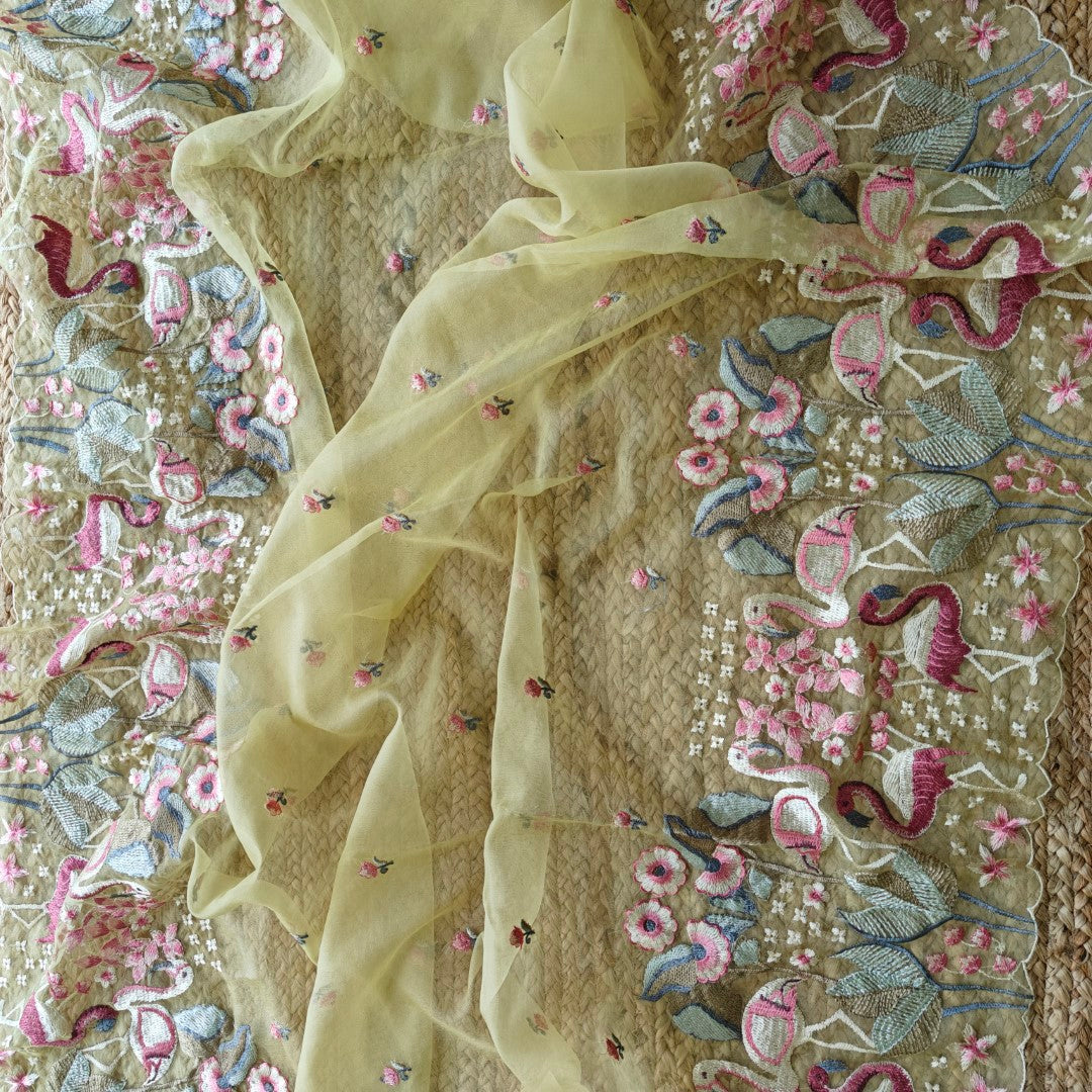 Yellow Organza colorful Flamingo embroidery Dress material Unstitched Suit