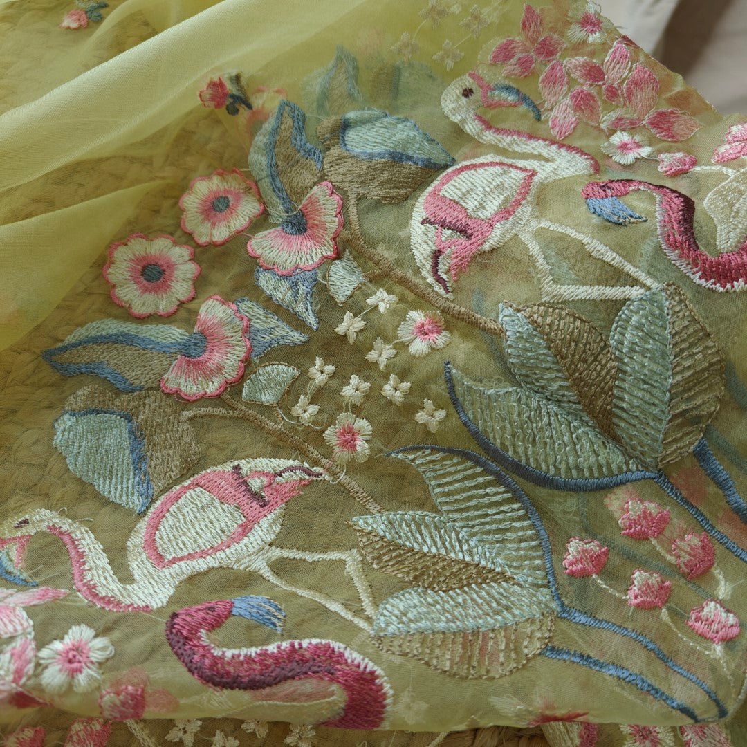 Yellow Organza colorful Flamingo embroidery Dress material Unstitched Suit