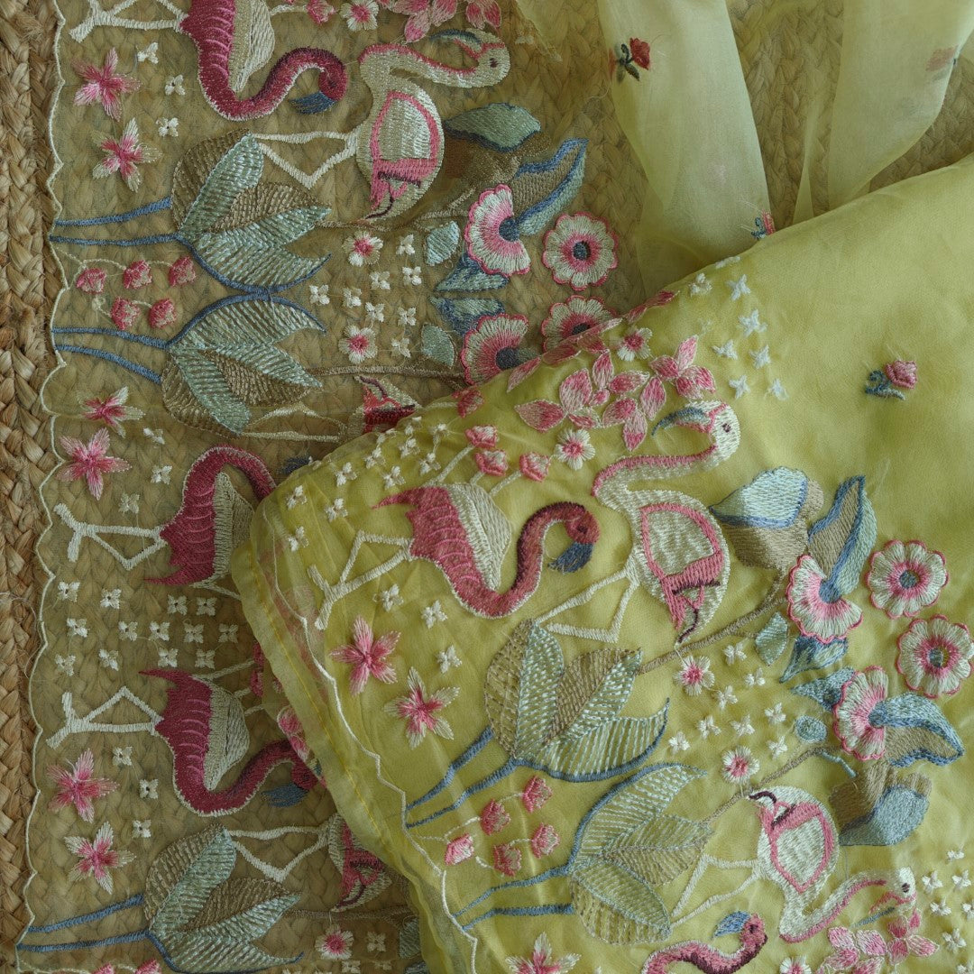 Yellow Organza colorful Flamingo embroidery Dress material Unstitched Suit