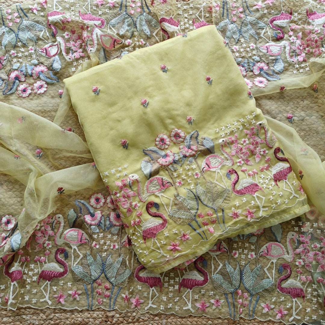 Yellow Organza colorful Flamingo embroidery Dress material Unstitched Suit