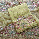 Yellow Organza colorful Flamingo embroidery Dress material Unstitched Suit