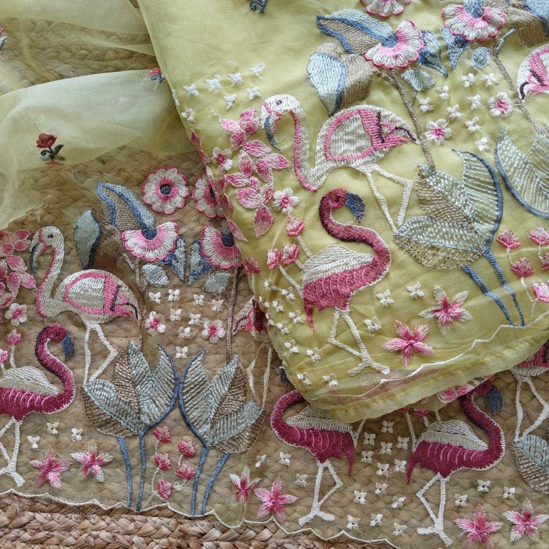 Yellow Organza colorful Flamingo embroidery Dress material Unstitched Suit