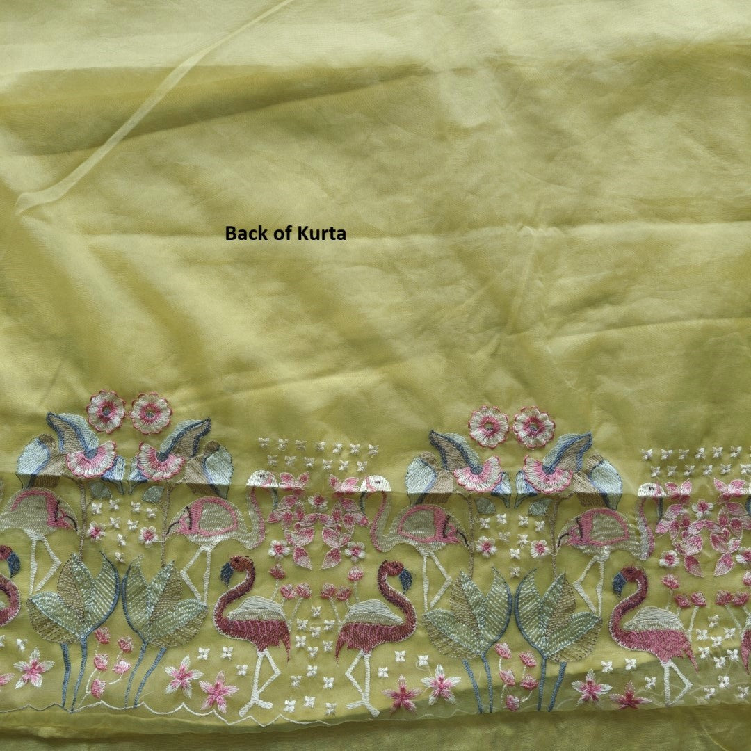 Yellow Organza colorful Flamingo embroidery Dress material Unstitched Suit