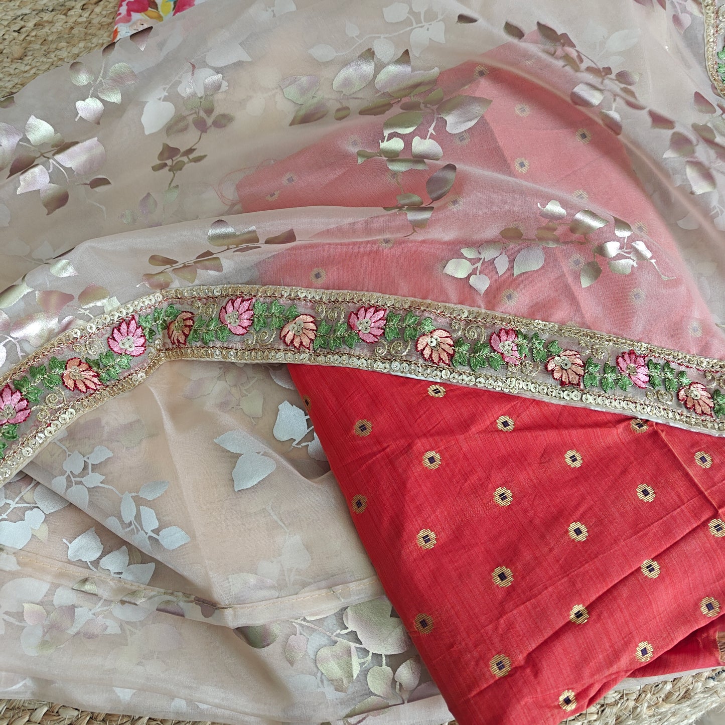Organza saree with foil print and beautiful floral border