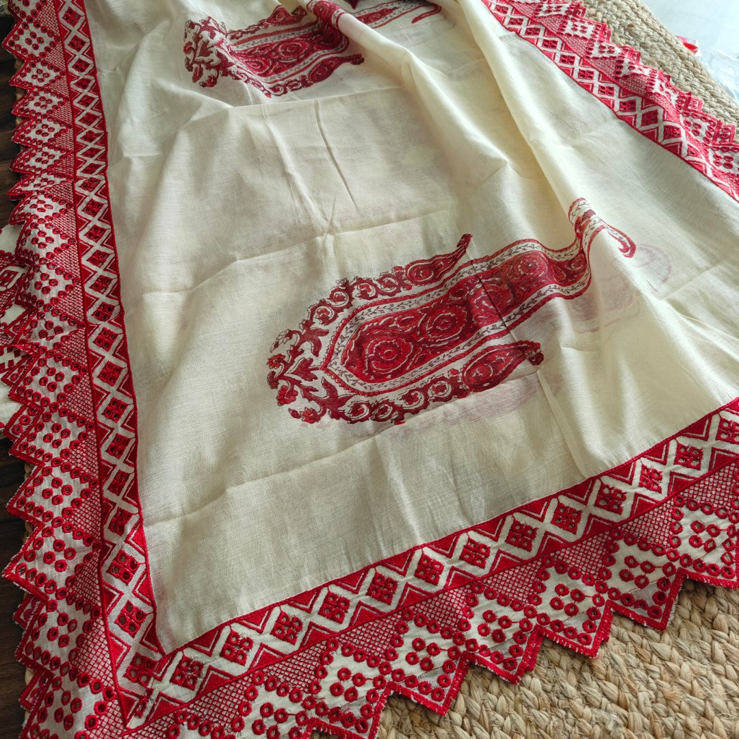 Chanderi cutwork embroidery Unstitched suit. Off white read salwar suit