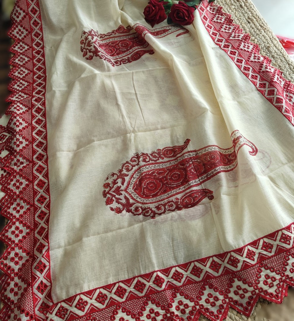 Chanderi cutwork embroidery Unstitched suit. Off white read salwar suit