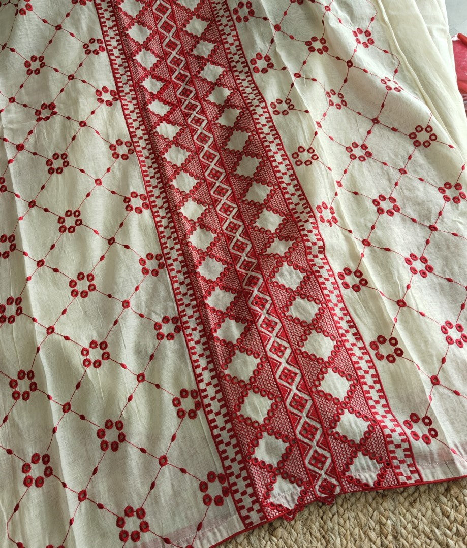 Chanderi cutwork embroidery Unstitched suit. Off white read salwar suit