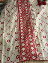 Chanderi cutwork embroidery Unstitched suit. Off white read salwar suit