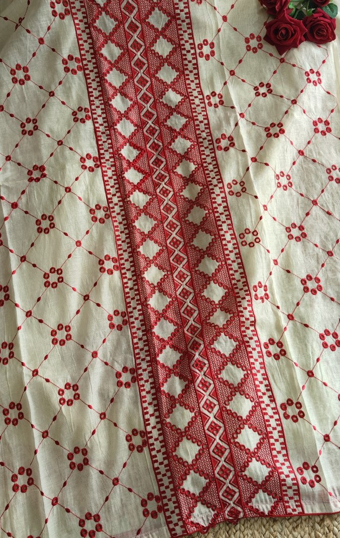 Chanderi cutwork embroidery Unstitched suit. Off white read salwar suit