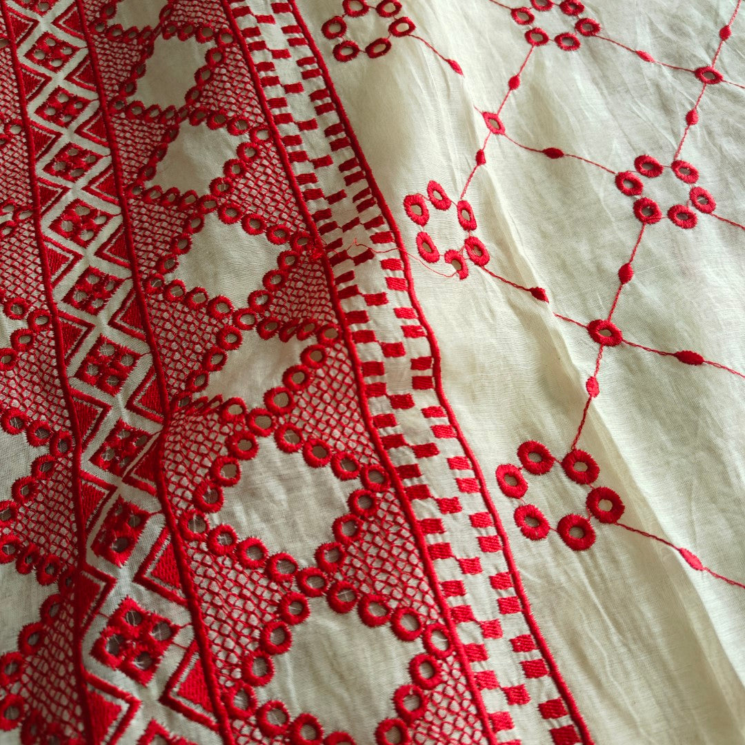Chanderi cutwork embroidery Unstitched suit. Off white read salwar suit