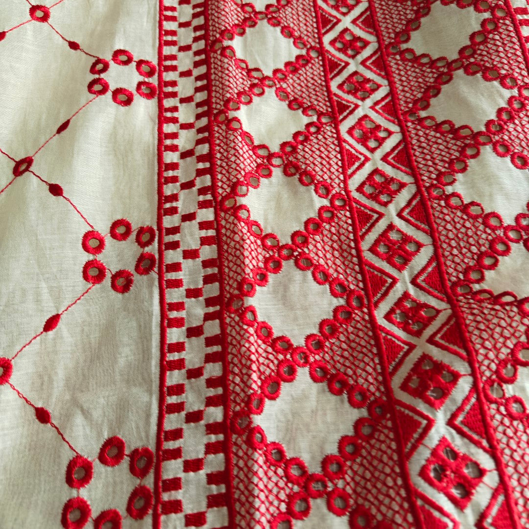 Chanderi cutwork embroidery Unstitched suit. Off white read salwar suit