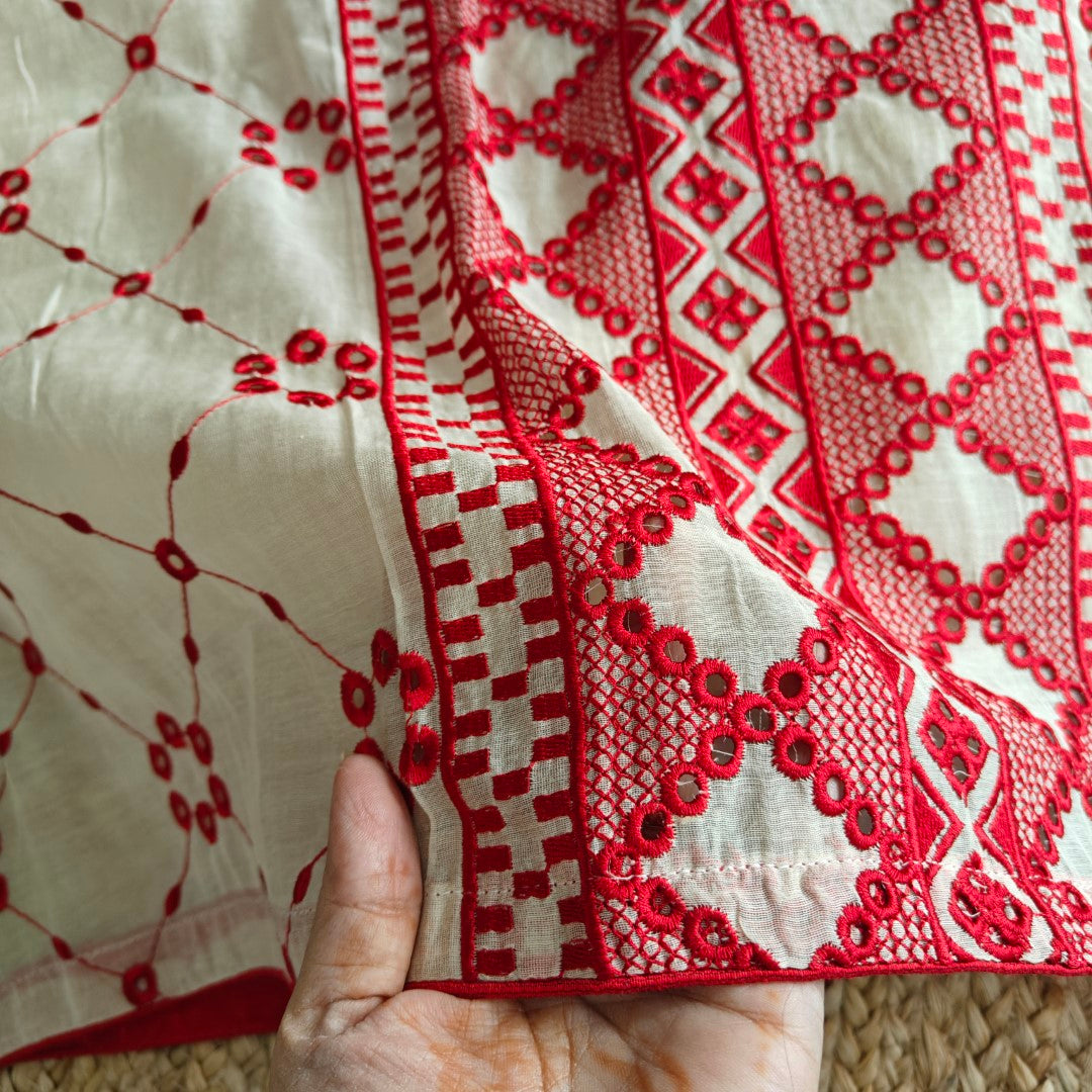 Chanderi cutwork embroidery Unstitched suit. Off white read salwar suit